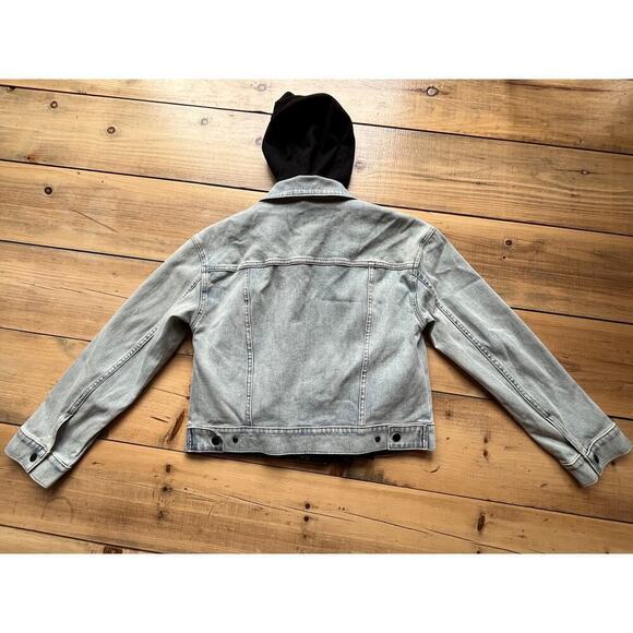 Athleta Double Time Denim Jacket Hooded Vest Combo Womens Sz S Acid Wash/Black - Picture 3 of 9